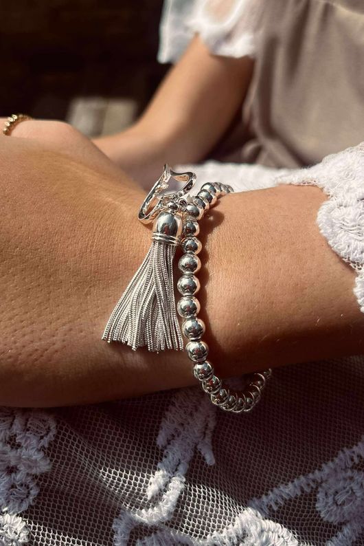 Laundry B Free Spirit Stretch Stacker Bracelet Pearly Heart & Tassel Silver